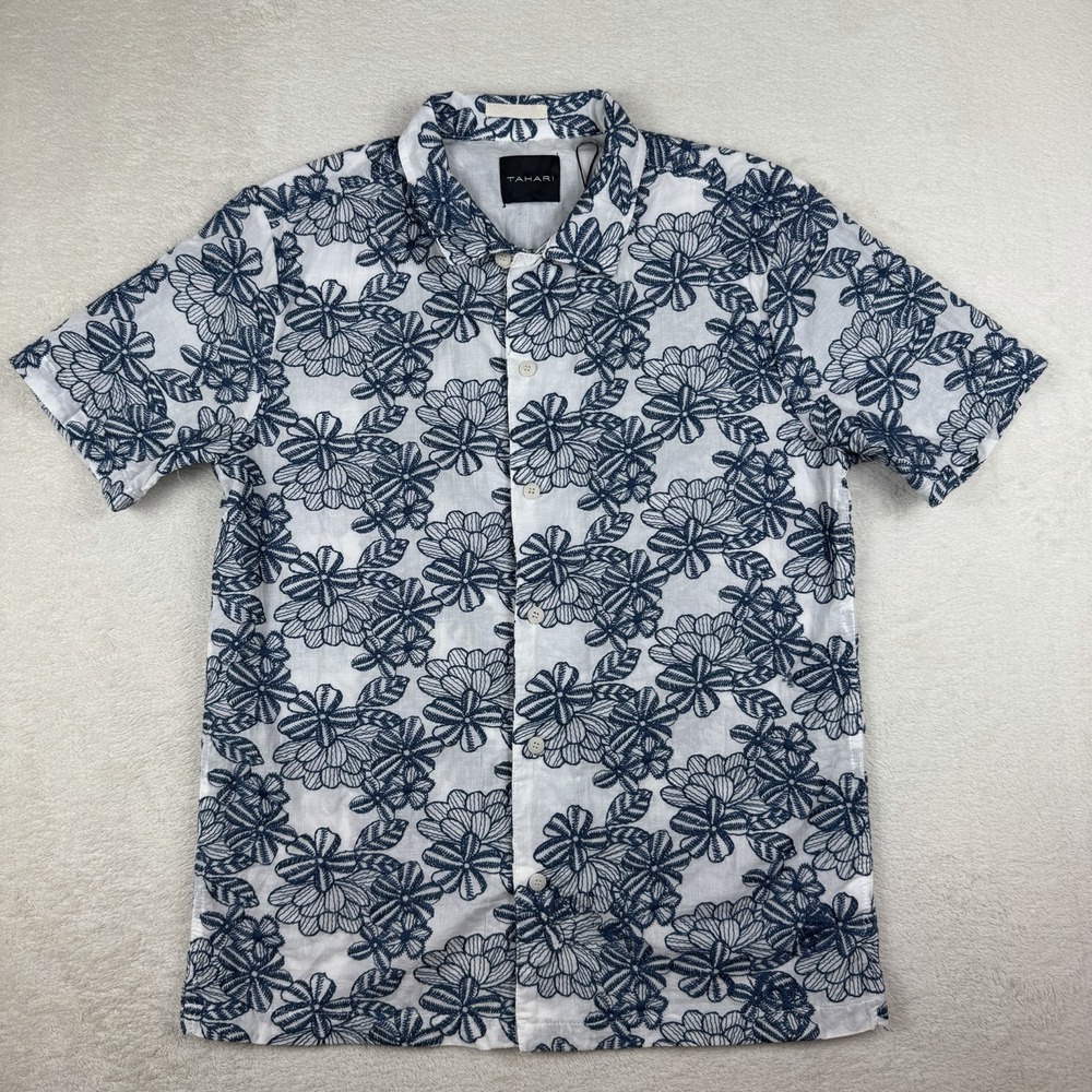 Tahari Navy Embroidered Floral Print Short Sleeve Button Up Shirt Men's Size S